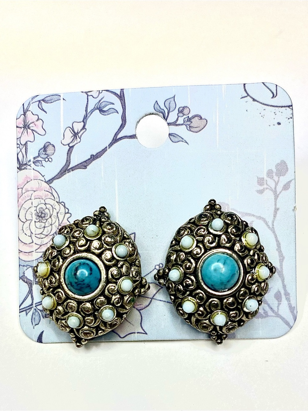 Turquoise Center Filigree Earrings - Blue and Pewter